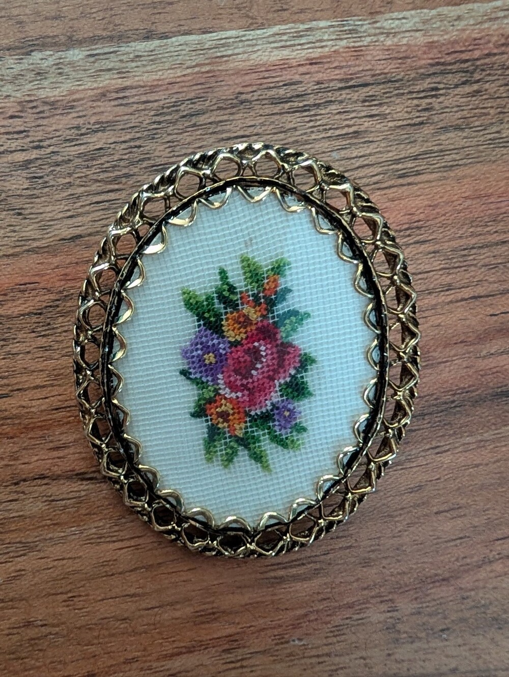 Floral Needlepoint Oval Brooch in Gold Tone